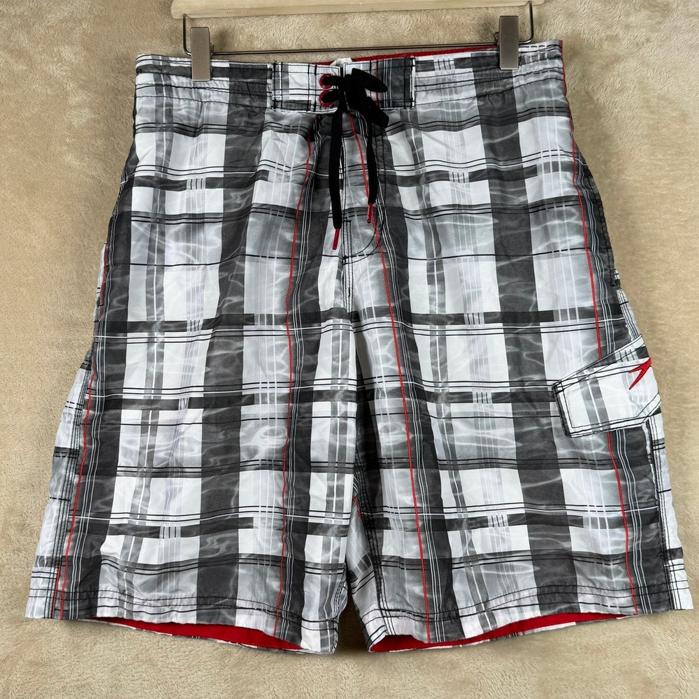 Speedo Mens Large Plaid Board‎ Shorts Black White Red Swim Trunks Mesh Lined